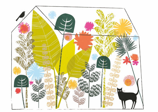 Cat trapped in a greenhouse with a suspicious bird